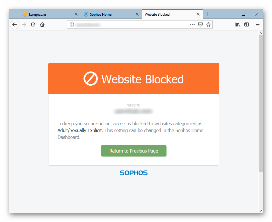 Primer blokirane spletne strani v Sophos Home