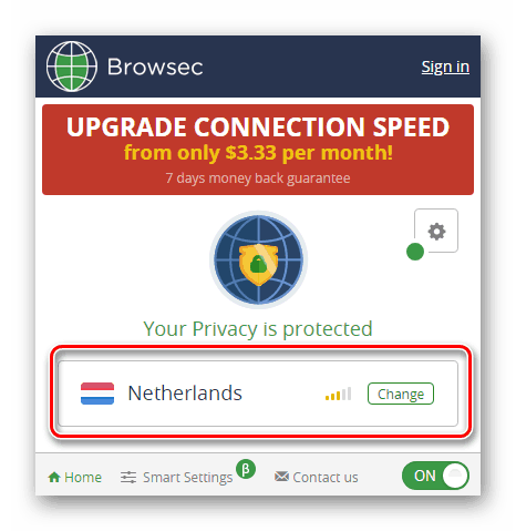 Успешното включване на разширението Browsec в Google Chrome
