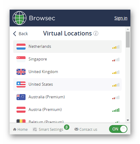 Променете държавата в разширението Browsec в Google Chrome