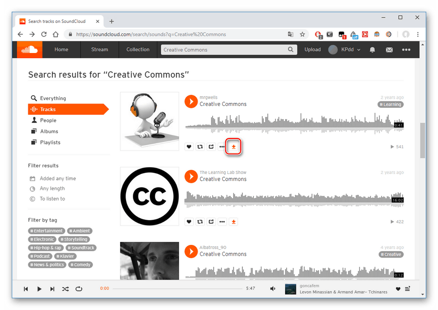 Stažení stopy v aplikaci SoundCloud