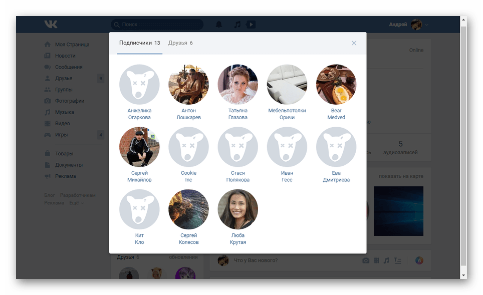 Приклад списку Передплатники на сайті ВКонтакте