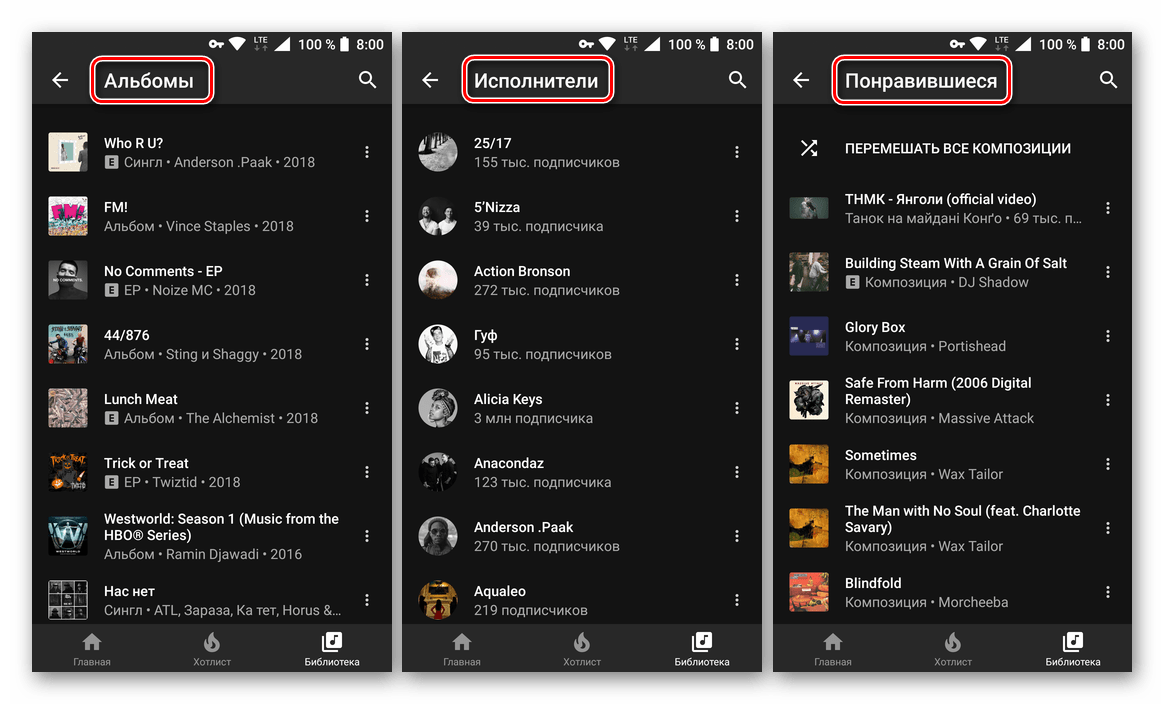 Albumy, umelci, mixy a obľúbené skladby v aplikácii Hudba YouTube pre Android