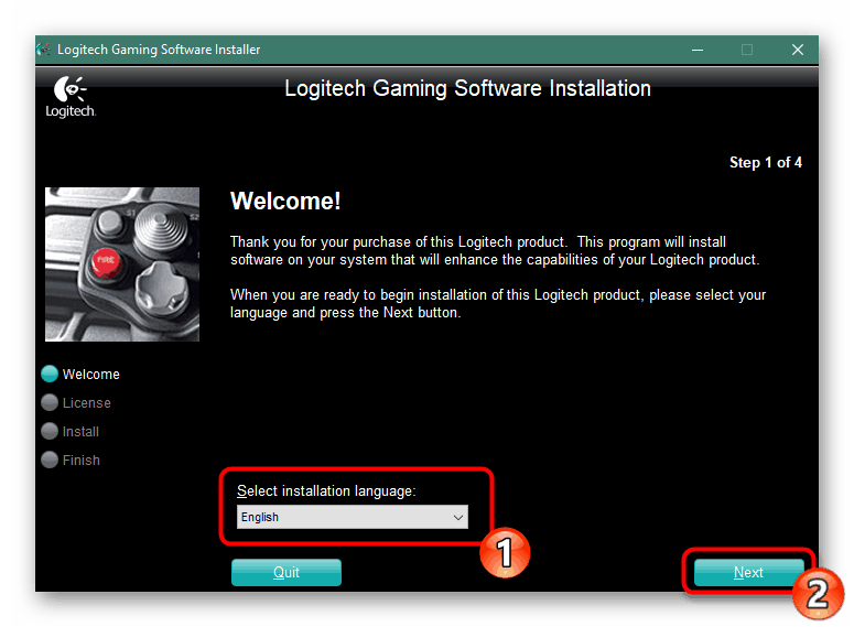 Volba jazyka v menu instalace ovladače regulátoru Logitech F710