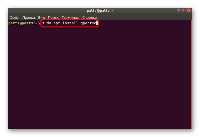 Príkaz na inštaláciu softvéru Gparted v Linuxe