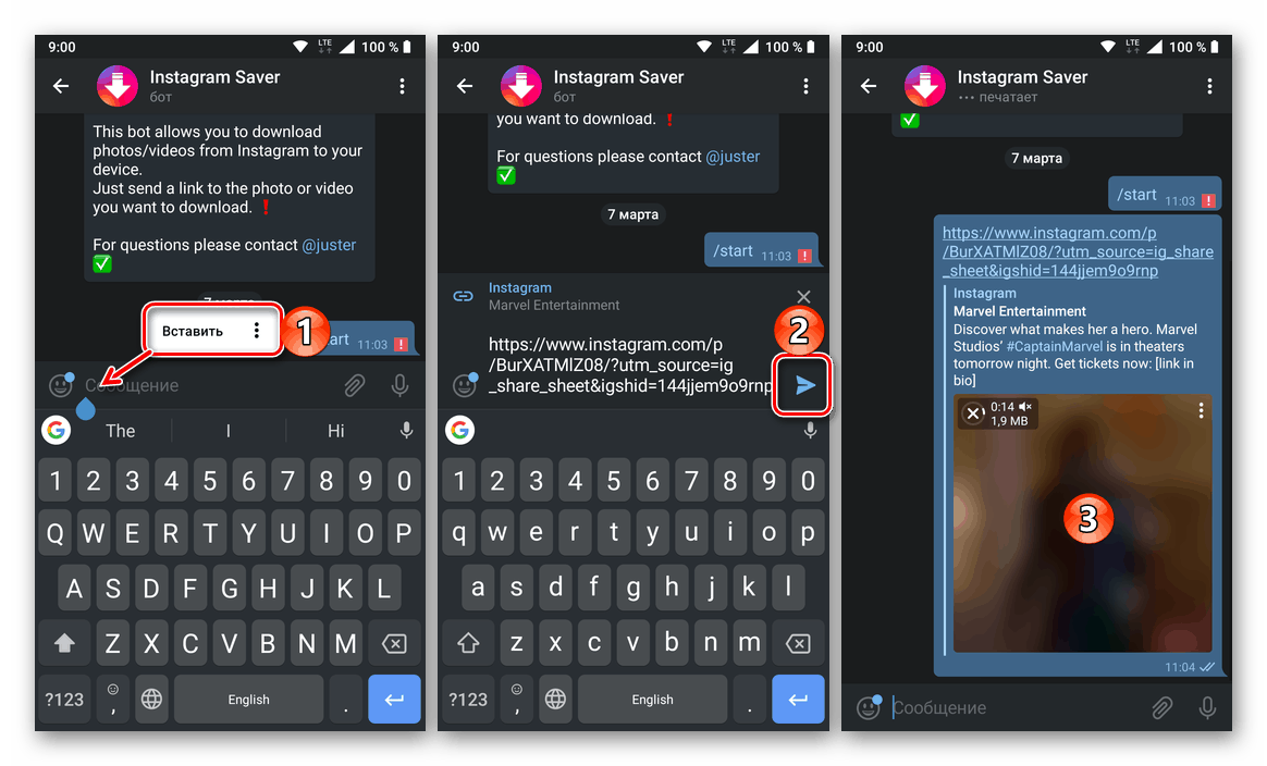 Odoslanie správy s odkazom na video z bota Instagram v telegrame na telefóne