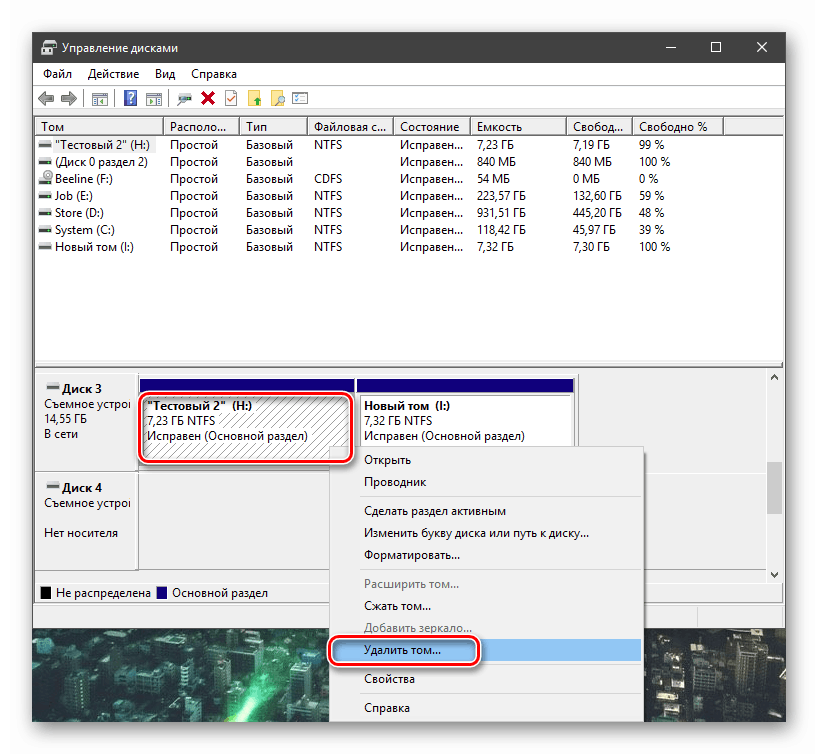 Uklanjanje particije s pogona u proširenju Disk Management u sustavu Windows 10