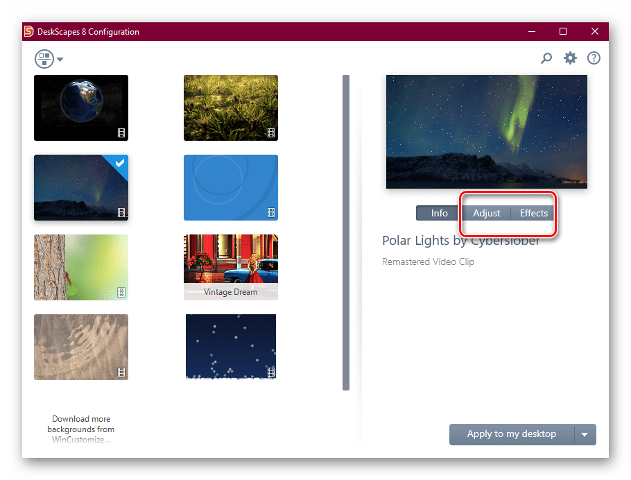 تغيير الموضع وتطبيق المؤثرات على خلفية الشاشة في DeskScapes