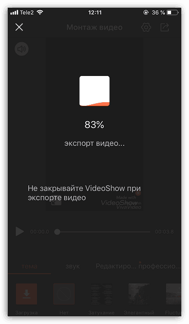 Proces izvoza videozapisa u aplikaciji VideoShow na iPhone uređaju
