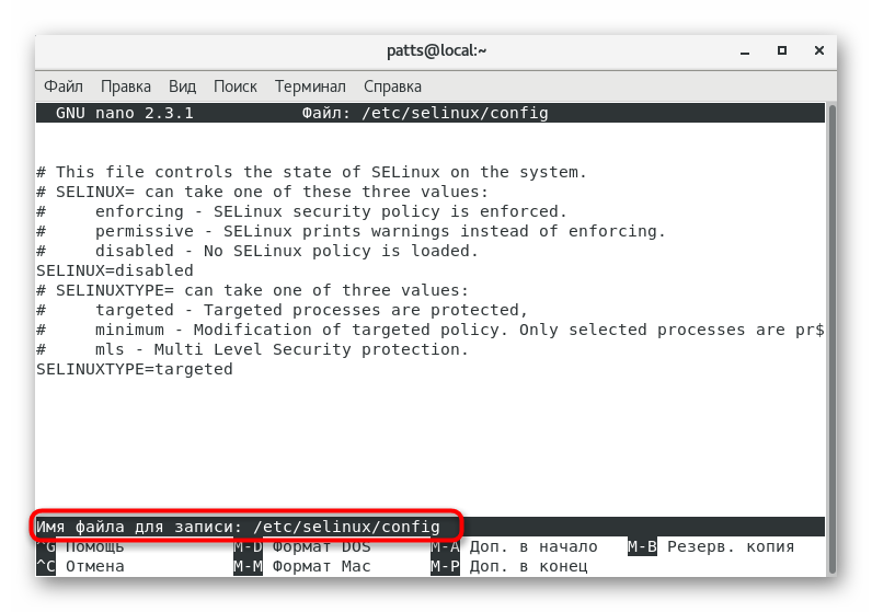 حدد اسم الملف لإدخال nano في CentOS 7