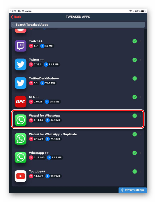 Izbira prave aplikacije Watusi za WhatsApp, ki je na seznamu TweakBox na iPad-u