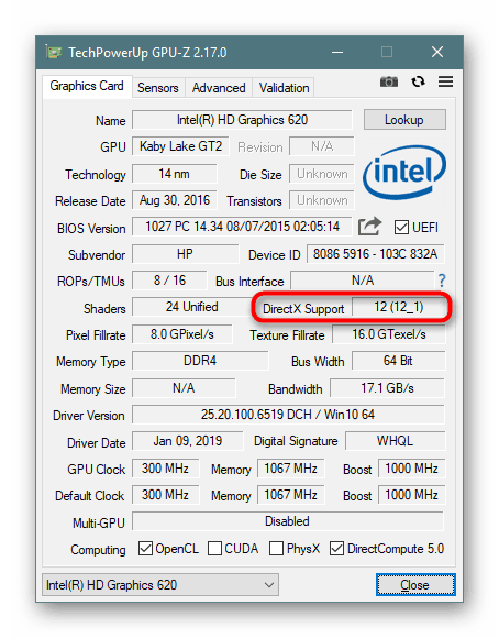Відображення версії DirectX в GPU-Z