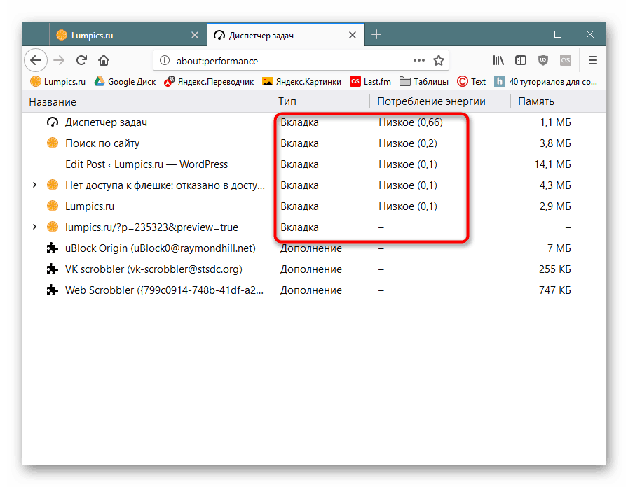 Spotreba v záložkách v Mozilla Firefox