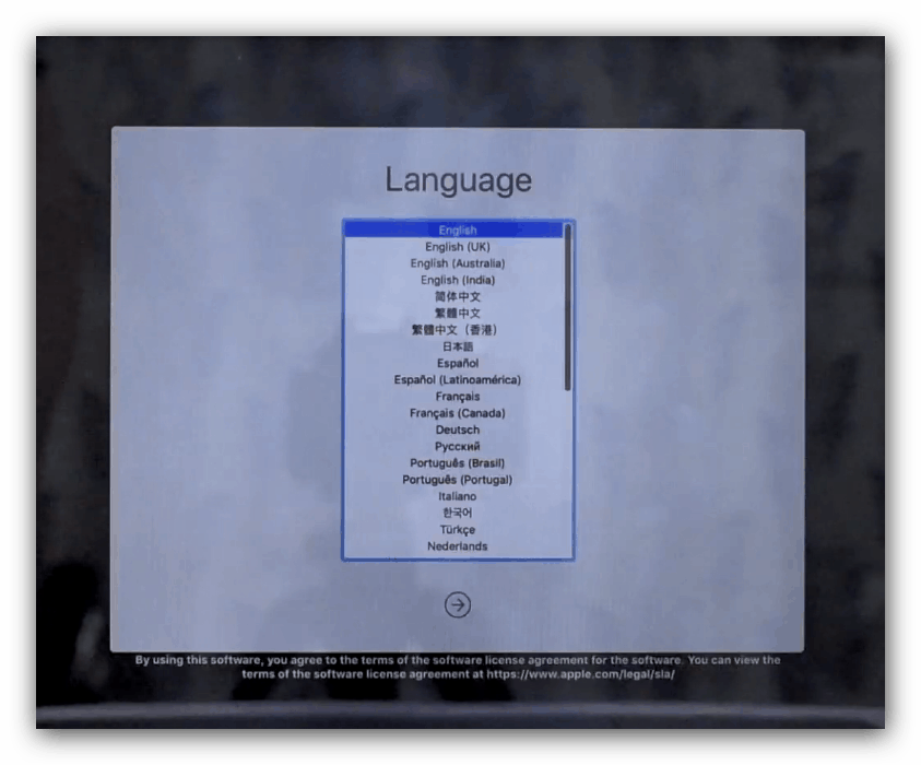 Вибір мови в процесі установки macOS з флешки