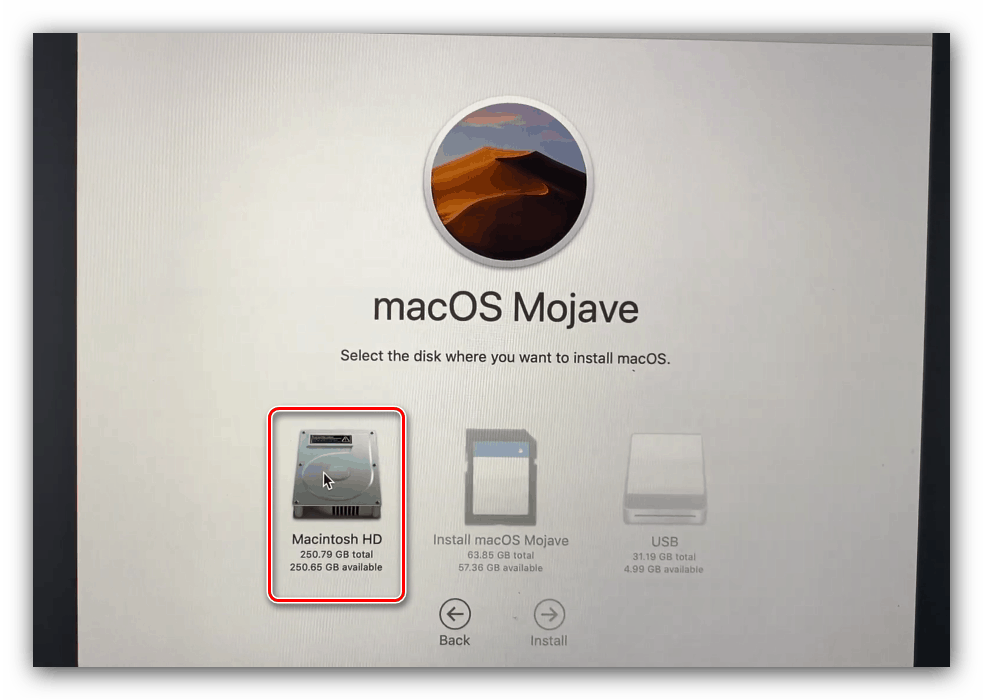 Вибрати диск для інсталяції в процесі установки macOS з флешки