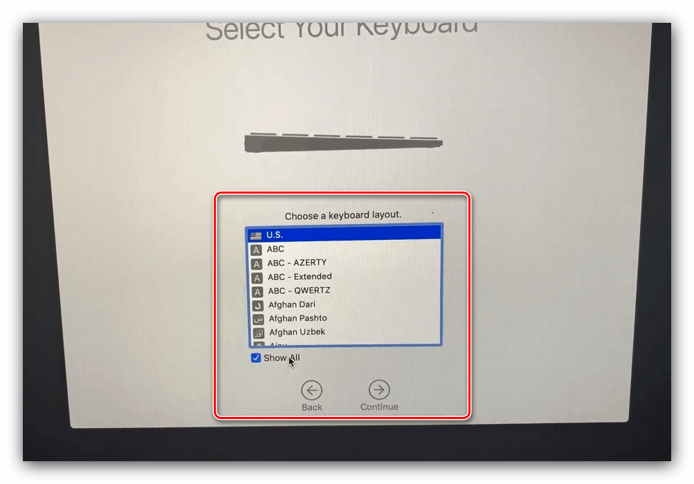 Вибір розкладки після інсталяції macOS з флешки