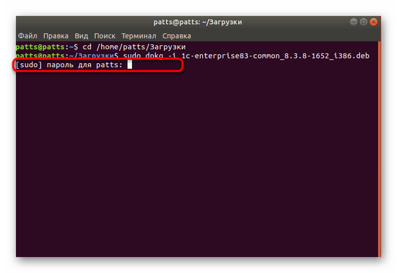 Wprowadź hasło, aby zainstalować pakiet 1C za pomocą standardowego polecenia w systemie Linux
