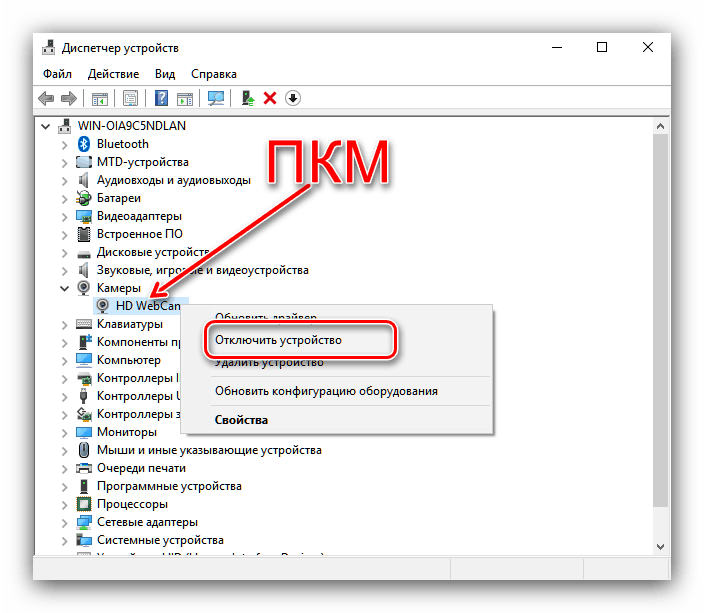 Изключете камерата на лаптоп с Windows 10 през контролера