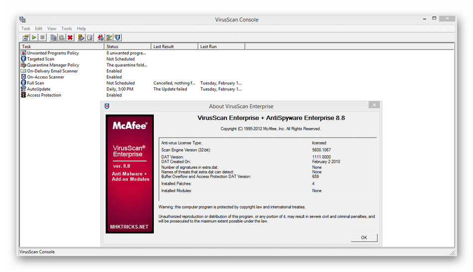 Pojav programa McAfee VirusScan Enterprise