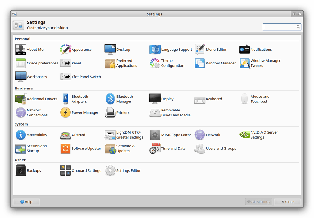 پنجره مدیریت تنظیمات لینوکس Xubuntu
