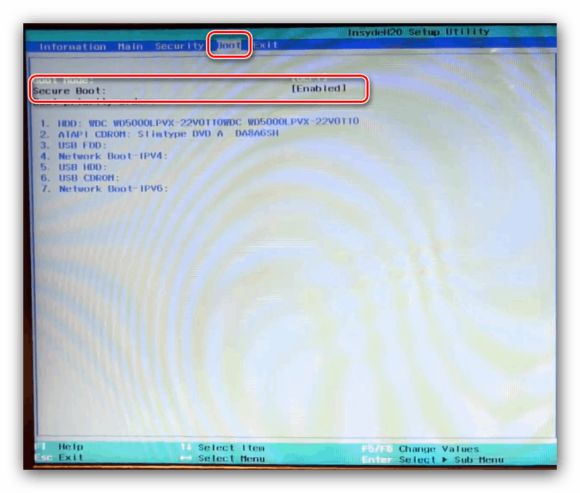 Деактивация Secure Boot на вкладці завантаження інтерфейсу BIOS ноутбука Acer