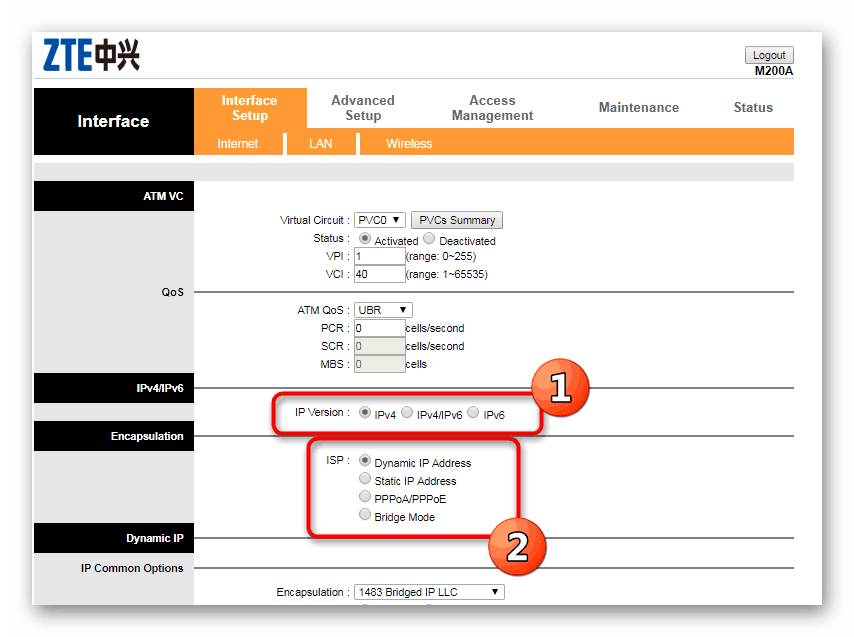 Настройки на протокола и метод за достъп до Интернет в уеб интерфейса на рутера Promsvyaz