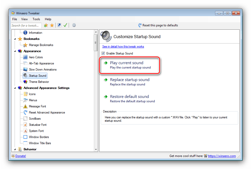 Preverjanje zagonskih zvokov sistema Windows 7 pred zamenjavo Winaero Tweaker