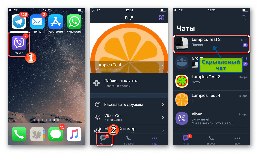 Viber за iPhone - стартирайте месинджъра, отидете на секцията Чатове, за да скриете диалог или група