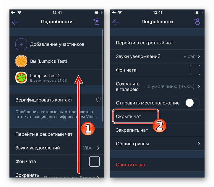 Опция Viber за iPhone Hide Chat в диалоговото меню или менюто с подробности за групата
