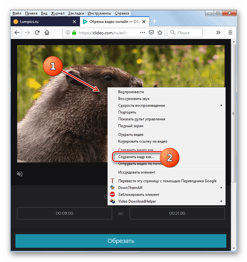 Prechod na uloženie rámca videa prostredníctvom kontextového menu služby Clideo vo webovom prehliadači Mozilla Firefox