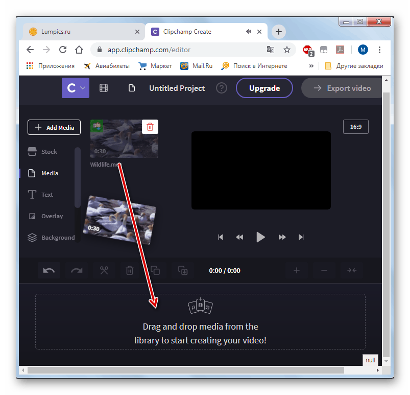 Video povlecite in spustite v želeni del okna storitve Clipchamp v spletnem brskalniku Google Chrome