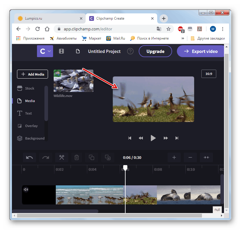 Vybraný snímek filmu ve službě Clipchamp ve webovém prohlížeči Google Chrome