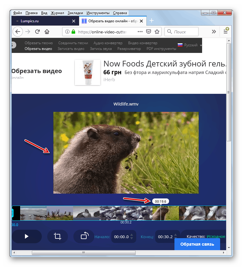 Výber snímky podľa časového znaku služby Online Video Cutter vo webovom prehliadači Mozilla Firefox