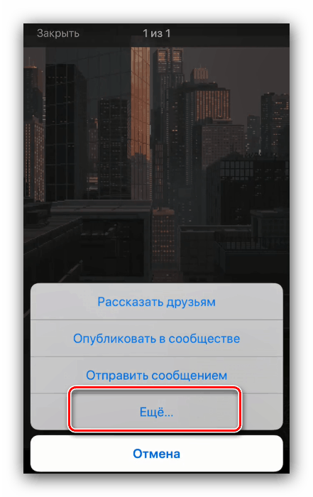 Изберете допълнителни елементи от менюто Споделяне, за да запазите GIF файлове от VK към iPhone