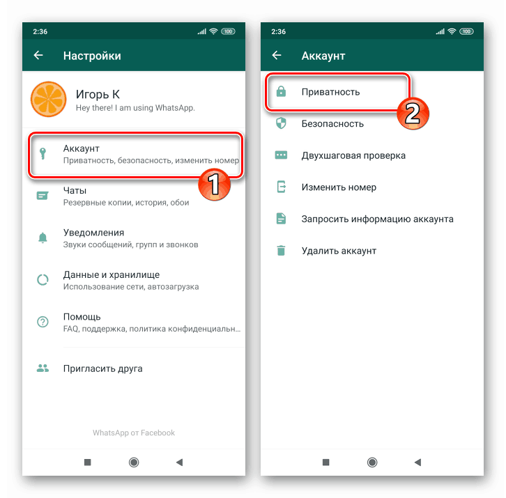 Whats App за настройките на Android - акаунт - поверителност