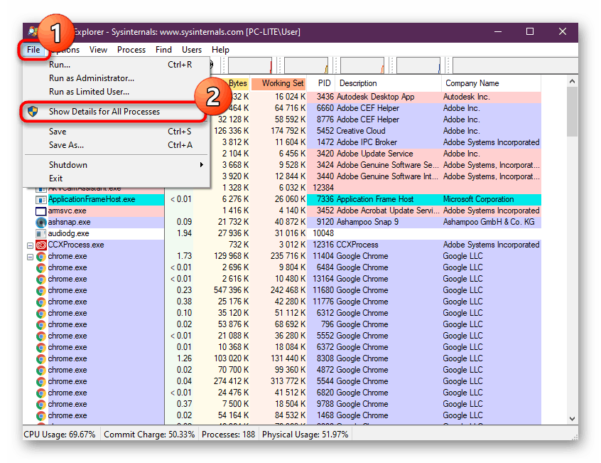 Prehod na podroben pogled na informacije v Process Explorerju