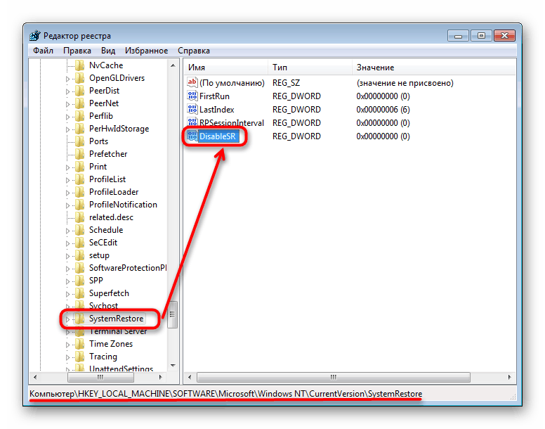 Možnost nadzora obnovitve sistema v urejevalniku registra v sistemu Windows 7