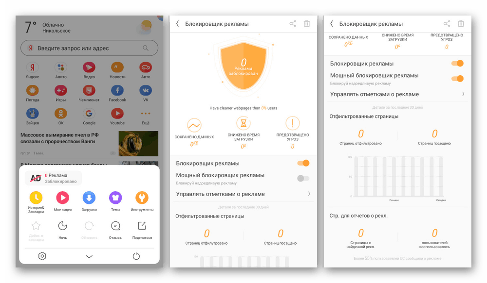 Primer brskalnika z vgrajenim blokiranjem oglasov na Androidu
