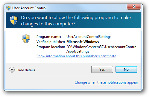 Oznámenie UAC v systéme Windows 7