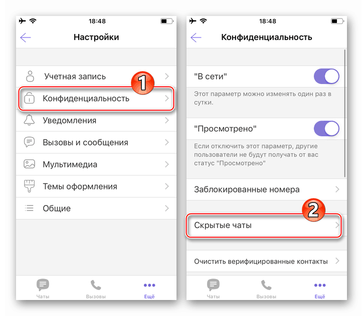 Секция за поверителност на Viber за iPhone в Настройки - Скрити чатове