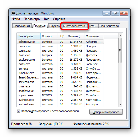 Отидете на раздела Производителност в Windows 7 Task Manager