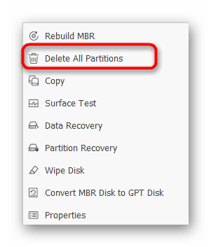 Gumb za brisanje svih particija na USB flash pogonu u MiniTool Partition Wizard-u