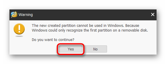 Obavijest prilikom stvaranja druge particije na USB flash disku u MiniTool Partition Wizard-u