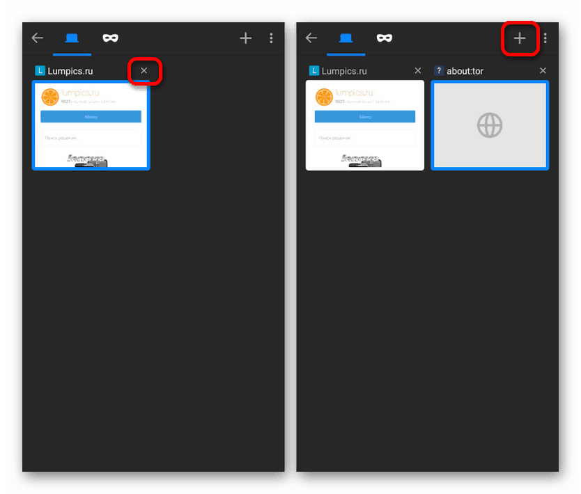 Použitie ponuky kariet v prehliadači Tor v systéme Android