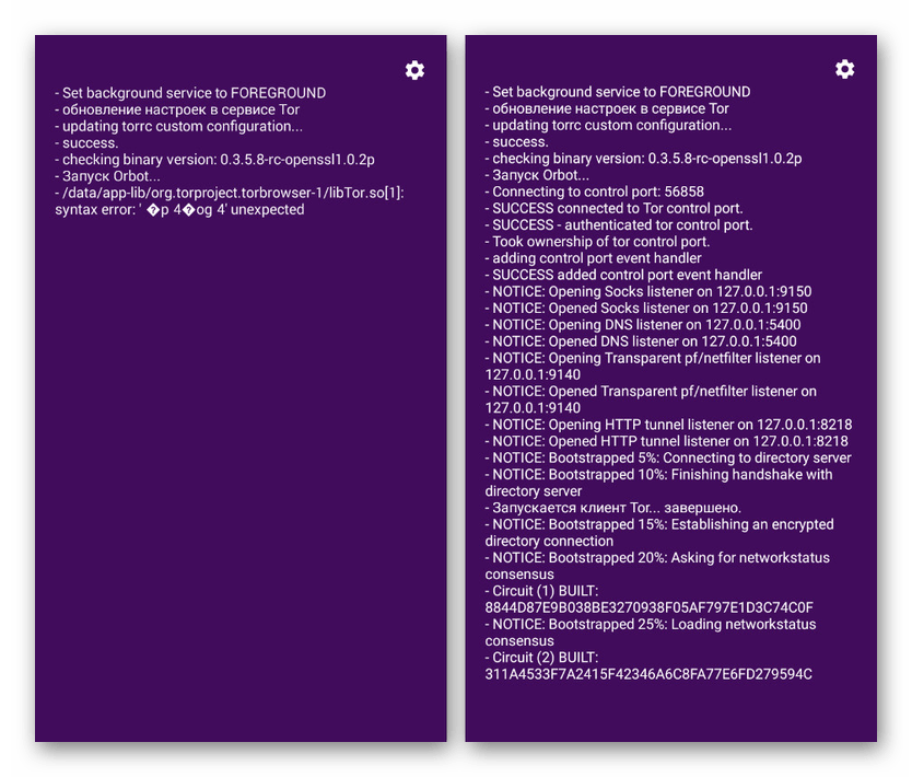 Príklad chyby a úspešného pripojenia v prehliadači Tor Browser v systéme Android