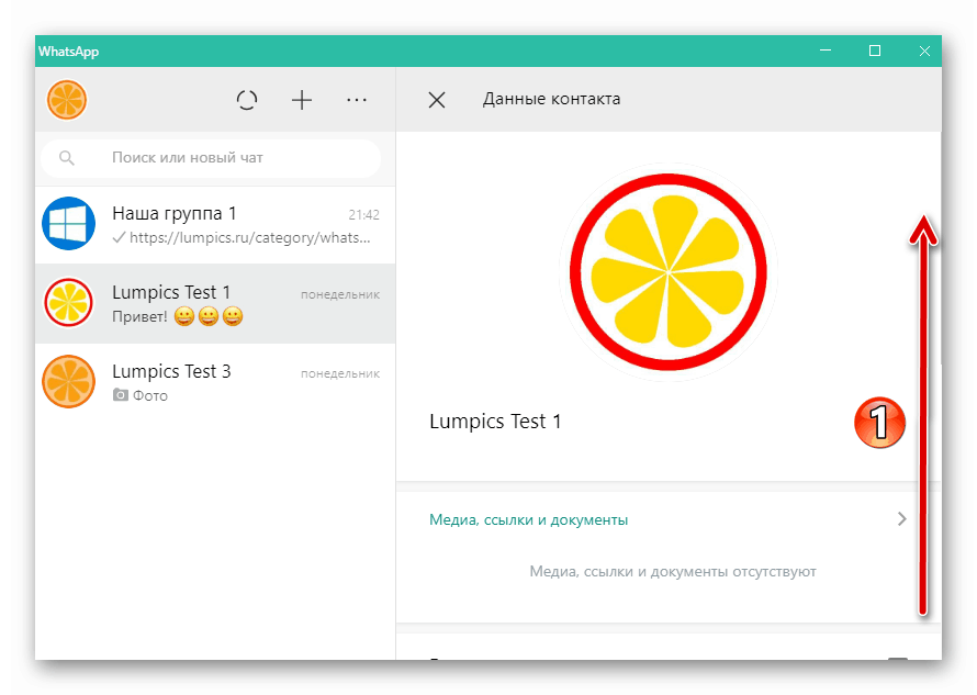 WhatsApp за Windows Area Контактни данни в прозореца на пратеника
