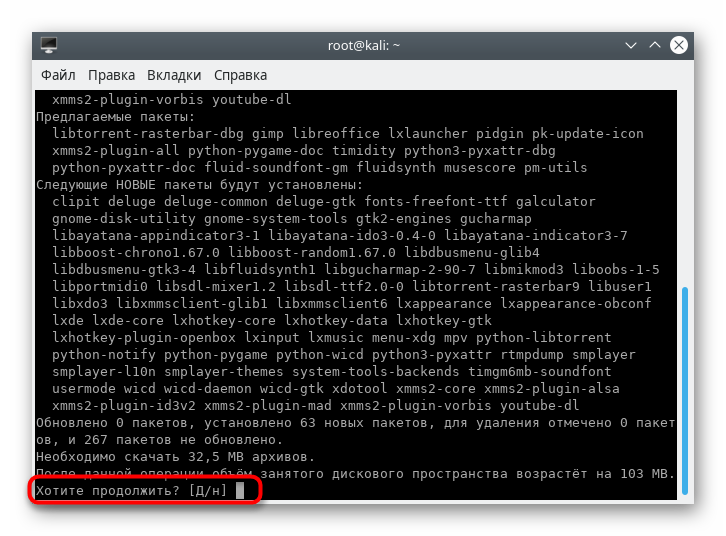 Підтвердження установки оточення LXDE в Kali Linux