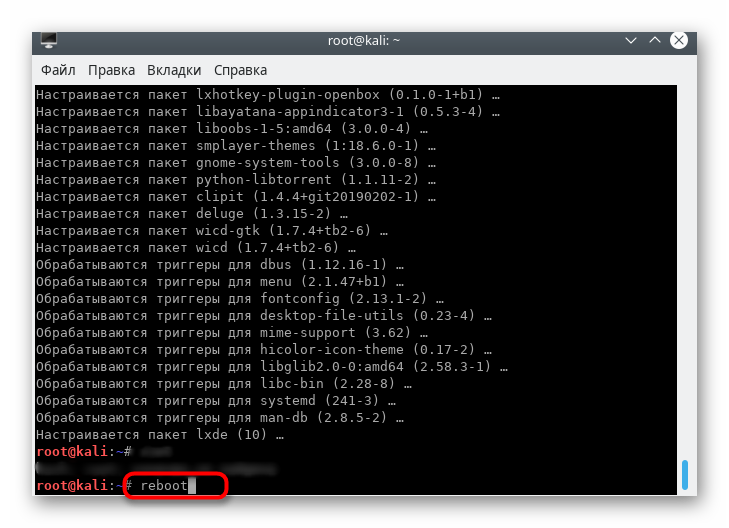 Перезавантаження ПК після установки LXDE в Kali Linux