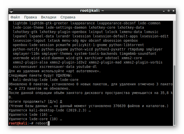 Перезавантаження операційної системи після видалення оточення в Kali Linux