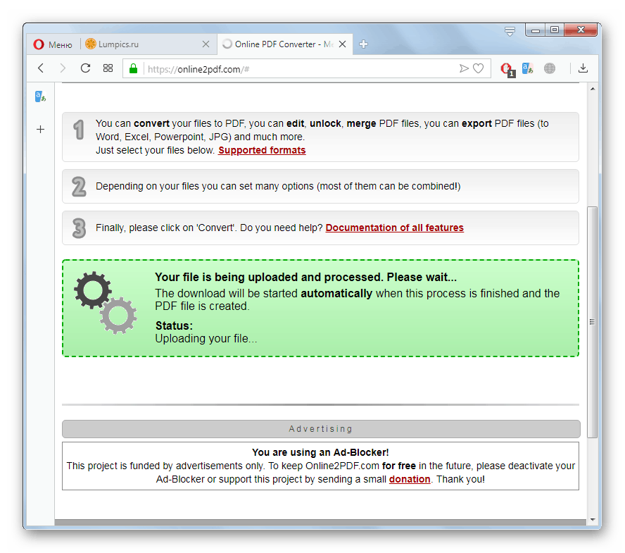Процедурата за конвертиране на PPT файл в PDF на уебсайта Online2PDF в браузъра Opera