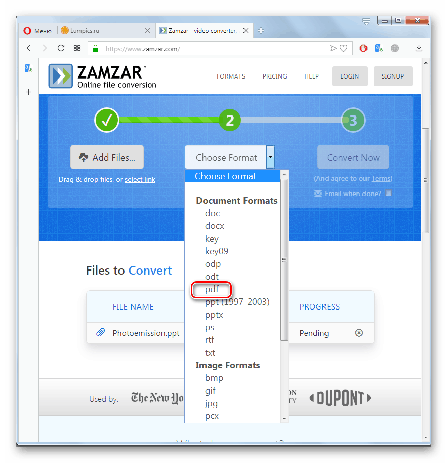 Избиране на посоката на преобразуване на уебсайта Zamzar в браузъра Opera в падащия списък